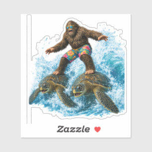 Bigfoot Surfing on Two Sea Turtles Sticker