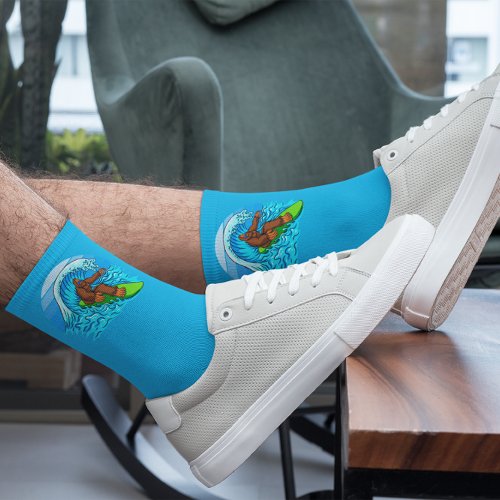 Bigfoot Surfing Riding The Waves Fun Sasquatch Socks