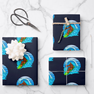 Bigfoot Surfing Riding The Waves Fun Sasquatch Wrapping Paper Sheets