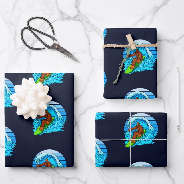 Bigfoot Surfing Riding The Waves Fun Sasquatch Wrapping Paper Sheets (Front)