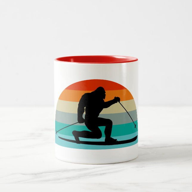Bigfoot Telemark Skiing Rainbow Two-Tone Coffee Mug (Center)