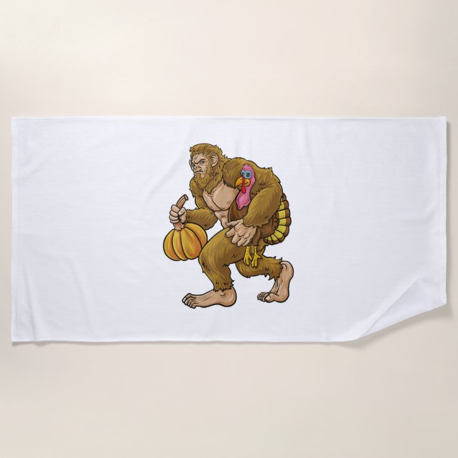 Bigfoot Thanksgiving Steals Turkey & Pumpkin Hide_ Beach Towel (Front)
