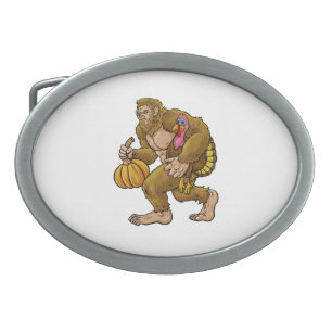 Bigfoot Thanksgiving Steals Turkey & Pumpkin Hide_ Belt Buckle