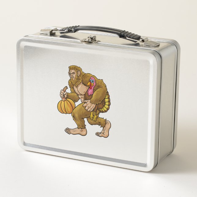 Bigfoot Thanksgiving Steals Turkey & Pumpkin Hide_ Metal Lunch Box (Front)
