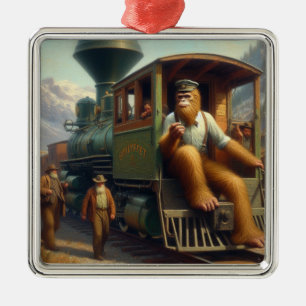 Bigfoot Train Engineer Metal Ornament