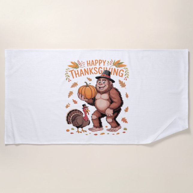 Bigfoot Turkey Pumpkin Thanksgiving Day Classic T- Beach Towel (Front)