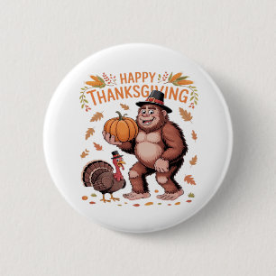 Bigfoot Turkey Pumpkin Thanksgiving Day Classic T- Button