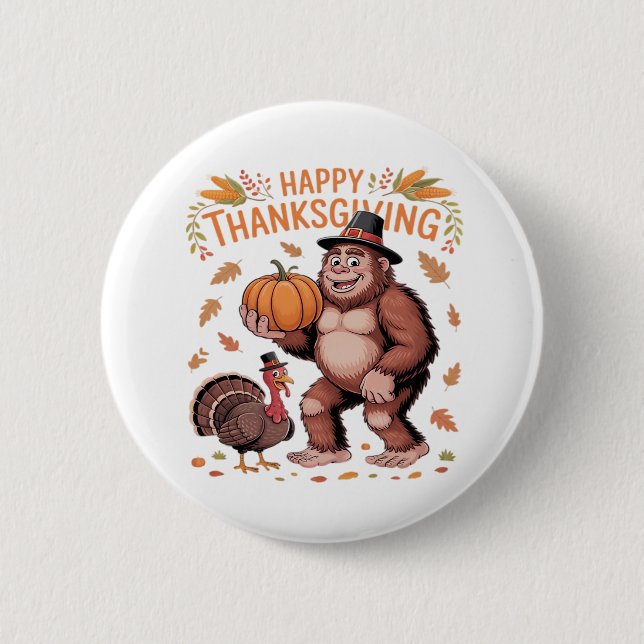 Bigfoot Turkey Pumpkin Thanksgiving Day Classic T- Button (Front)