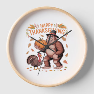 Bigfoot Turkey Pumpkin Thanksgiving Day Classic T- Clock
