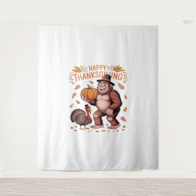 Bigfoot Turkey Pumpkin Thanksgiving Day Classic T- Tapestry (Front)