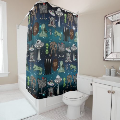 Bigfoot UFOs Aliens and other Cryptids Shower Curtain