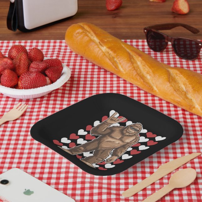 Bigfoot Valentines Day Funny Hearts Sasquatch Love Paper Plates (Picnic)