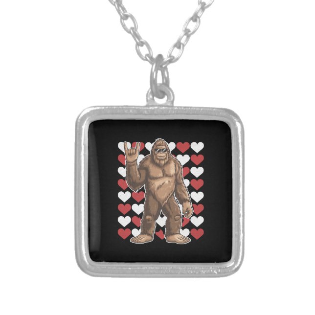 Bigfoot Valentines Day Funny Hearts Sasquatch Love Silver Plated Necklace (Front)