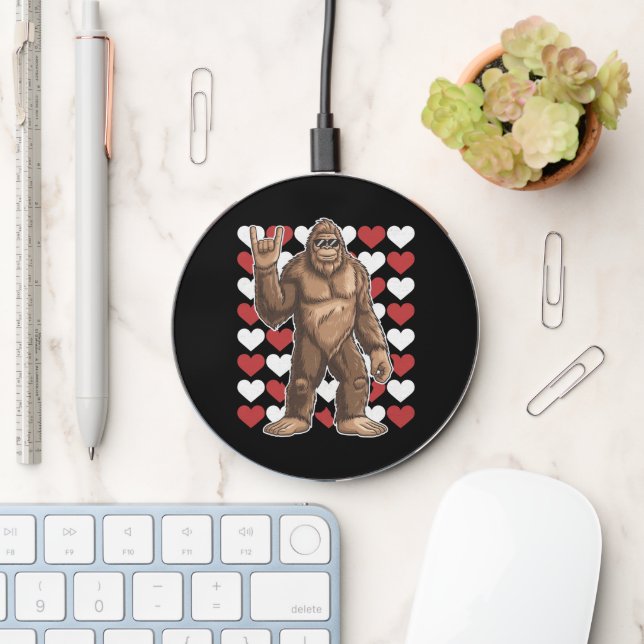 Bigfoot Valentines Day Funny Hearts Sasquatch Love Wireless Charger (Desk)