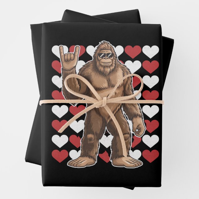 Bigfoot Valentines Day Funny Hearts Sasquatch Love Wrapping Paper Sheets (In situ)