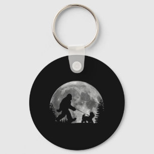 Bigfoot Walking A Dog Funny Yorkie Lovers Moon Keychain