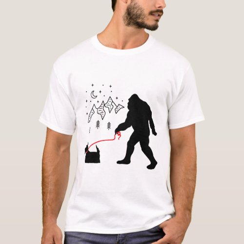 Bigfoot Walking a Scottish Terrier Dog Funny Gift T_Shirt