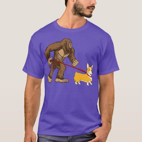 Bigfoot Walking Corgi Sasquatch Dog Walker T_Shirt