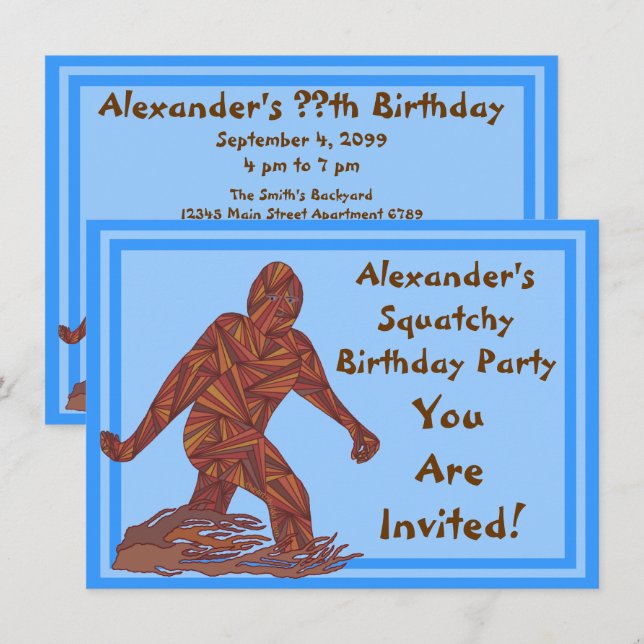 Bigfoot Walking Sasquatch Blue Birthday Party Invitation (Front/Back)