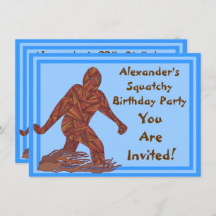 Bigfoot Walking Sasquatch Blue Birthday Party Invitation