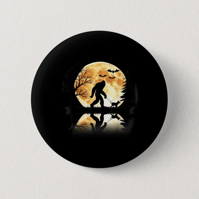 Bigfoot Walking With Dog Funny Halloween Moon Button (Front)