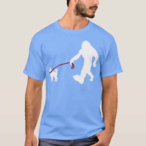 Bigfoot Walking With Norwegian Elkhound Dog Funny  T_Shirt