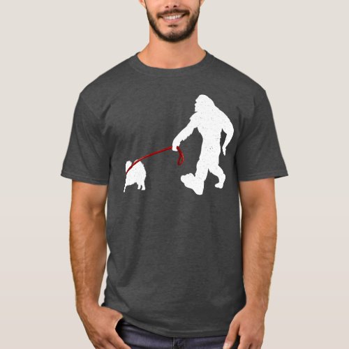 Bigfoot Walking With Pomeranian Dog Funny Bigfoot  T_Shirt