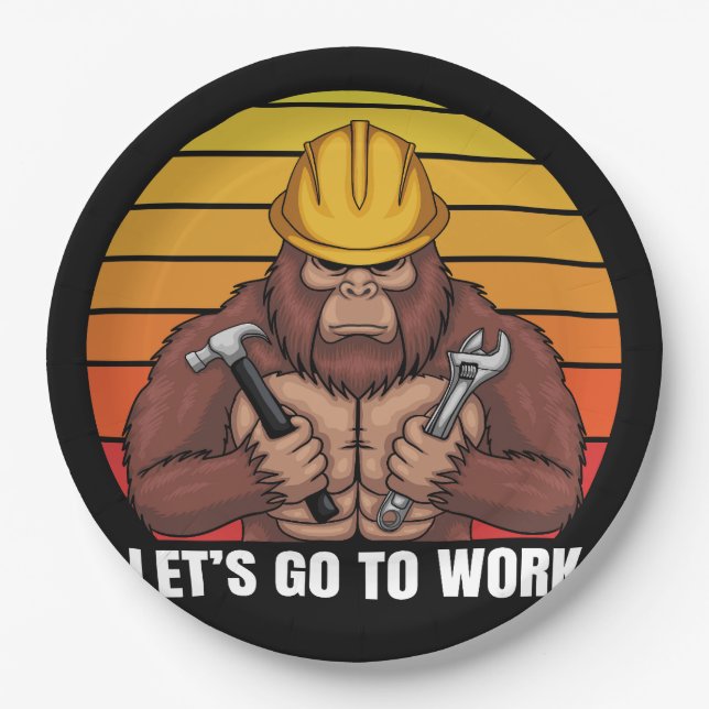 bigfoot wearing a helmet worker retro paper plates (Front)