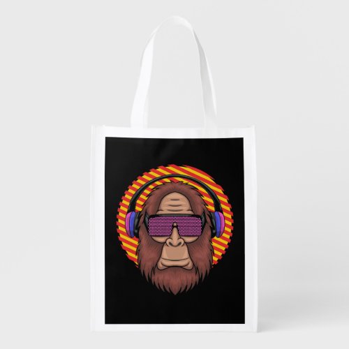 bigfoot wearing a techno eyeglasses and headphone grocery bag