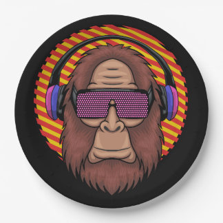 bigfoot wearing a techno eyeglasses and headphone paper plates