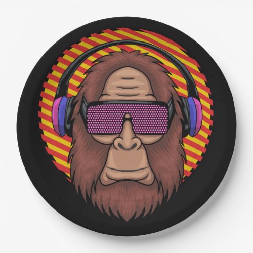 bigfoot wearing a techno eyeglasses and headphone paper plates