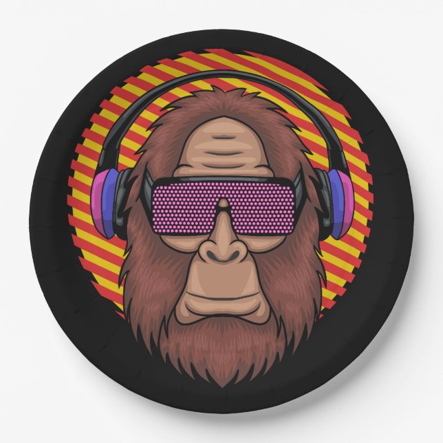 bigfoot wearing a techno eyeglasses and headphone paper plates (Front)