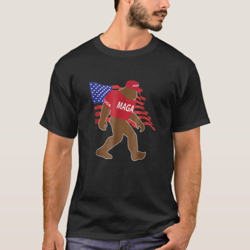 Bigfoot Wearing MAGA Hat USA Flag Trump Republican T_Shirt