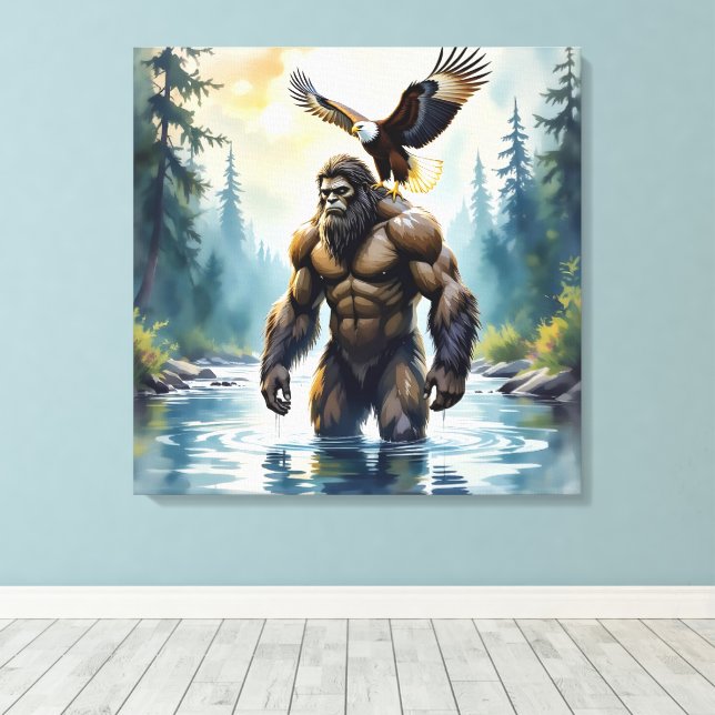 Bigfoot with an Eagle on his Shoulder  Canvas Print (Insitu(Wood Floor))