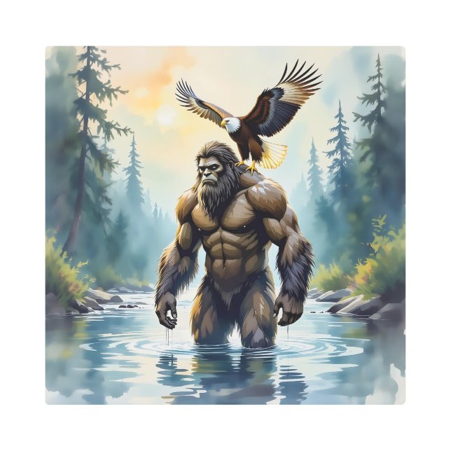 Bigfoot with an Eagle on his Shoulder  Metal Print (Front)