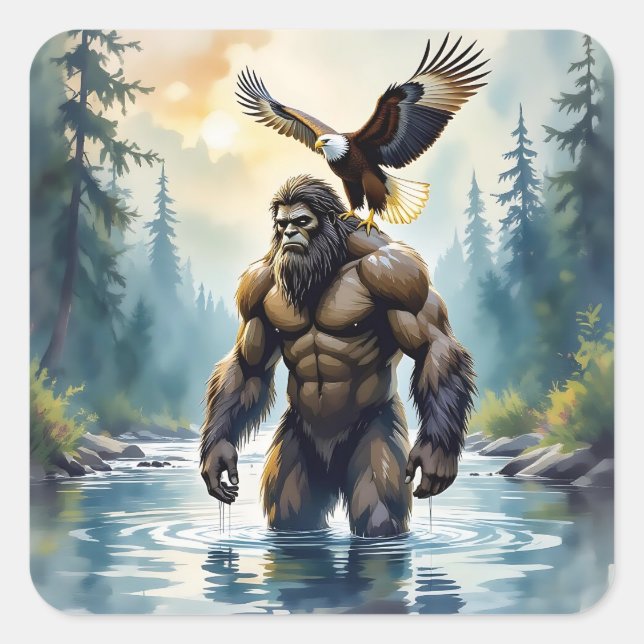 Bigfoot with an Eagle on his Shoulder  Square Sticker (Front)