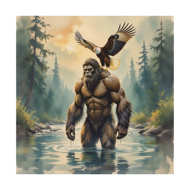 Bigfoot with an Eagle on his Shoulder  Wood Wall Art (Front)
