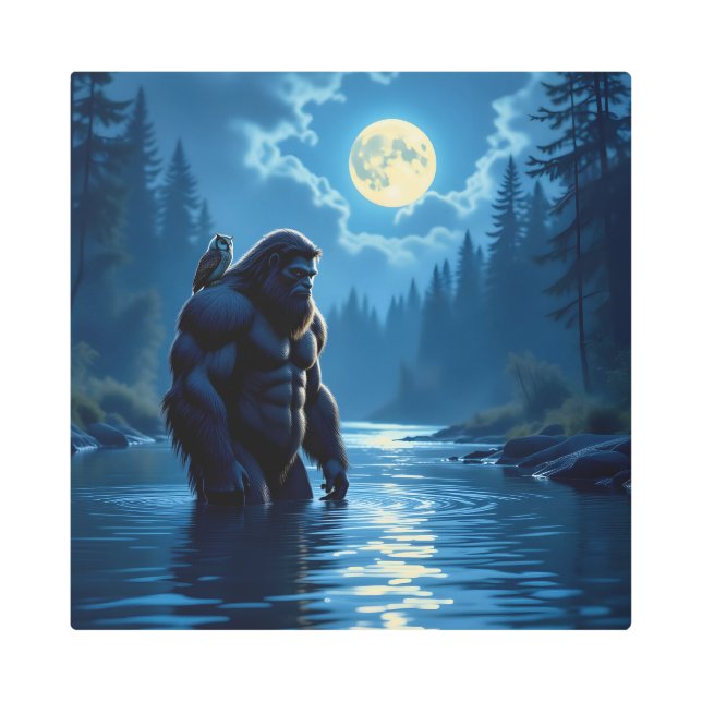 Bigfoot with an Owl on his Shoulder  Metal Print (Front)