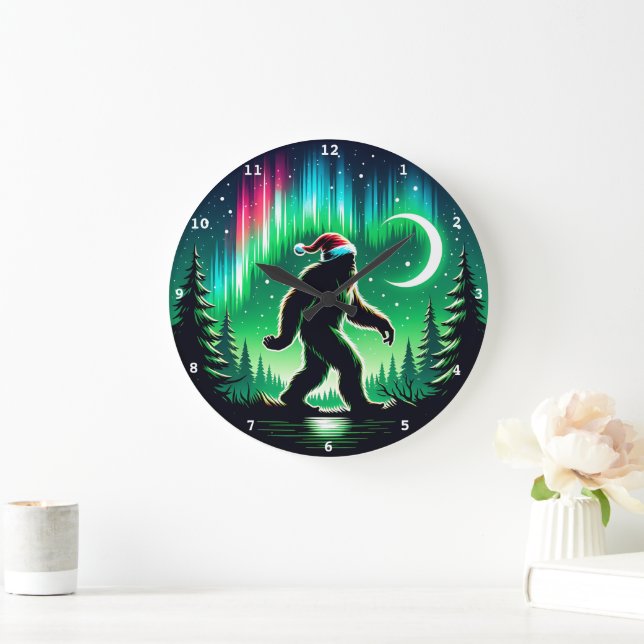 Bigfoot With Aurora Borealis and Christmas Cheer Large Clock (Home)