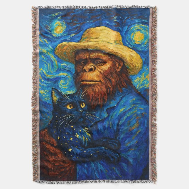 Bigfoot with Cat in Van Gogh Style Starry Night  Throw Blanket (Front Vertical)