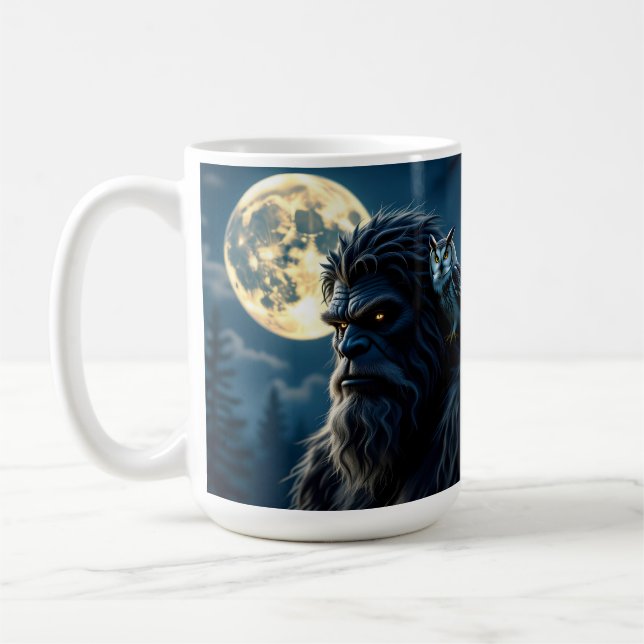 Bigfoot with Glowing Eyes and Owl on his Shoulder  Coffee Mug (Left)