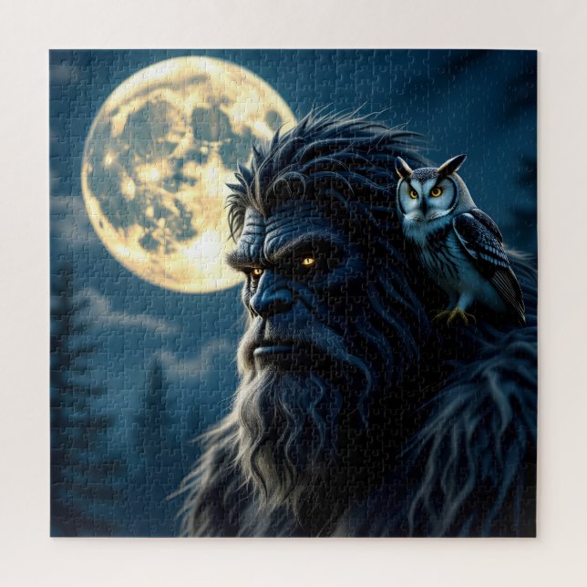 Bigfoot with Glowing Eyes and Owl on his Shoulder  Jigsaw Puzzle (Vertical)