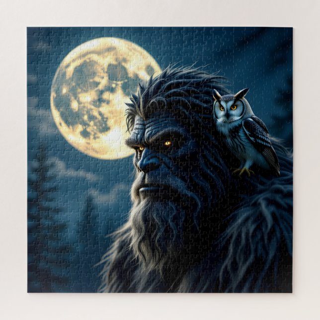 Bigfoot with Glowing Eyes and Owl on his Shoulder  Jigsaw Puzzle (Vertical)