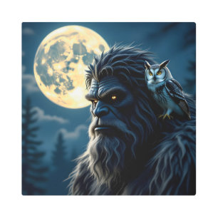 Bigfoot with Glowing Eyes and Owl on his Shoulder  Metal Print