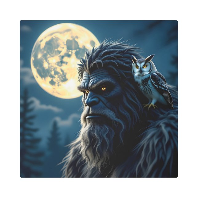 Bigfoot with Glowing Eyes and Owl on his Shoulder  Metal Print (Front)