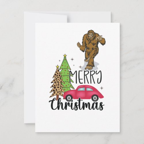 Bigfoot with Merry Christmas tree and red car Holiday Card