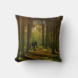 Bigfoot With Tennis Racket and Text in Forest Throw Pillow