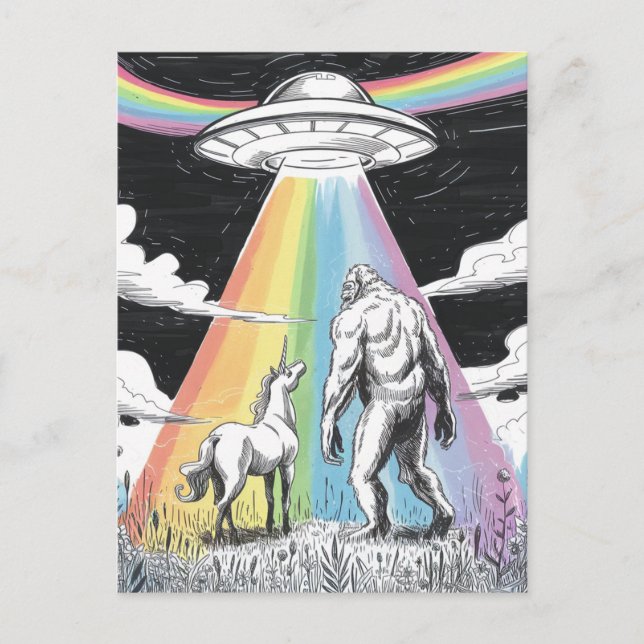 Bigfoot with Unicorn and a UFO  Postcard (Front)