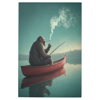 Bigfoot's Serene Fishing Retreat: Mystical Lake Metal Print