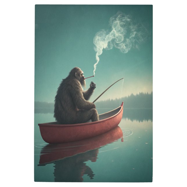 Bigfoot's Serene Fishing Retreat: Mystical Lake  Metal Print (Front)